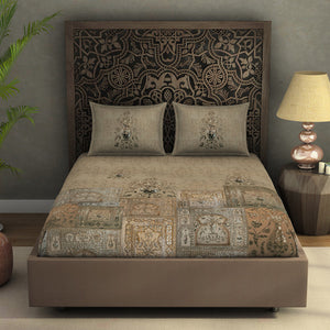 Floral Moonlight - Light Brown 100% Cotton King Size Bedsheet - Marble Inlay - Rangana By Spaces