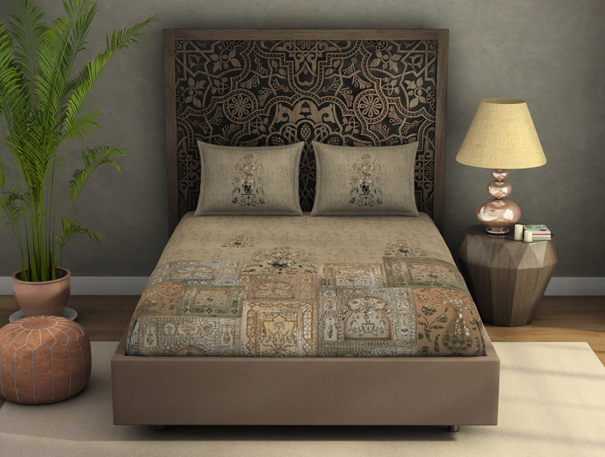 Floral Moonlight - Light Brown 100% Cotton King Size Bedsheet - Marble Inlay - Rangana By Spaces