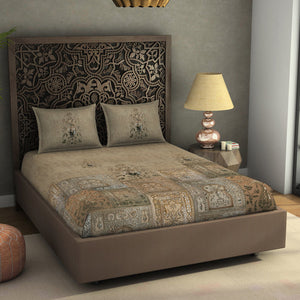 Floral Moonlight - Light Brown 100% Cotton King Size Bedsheet - Marble Inlay - Rangana By Spaces