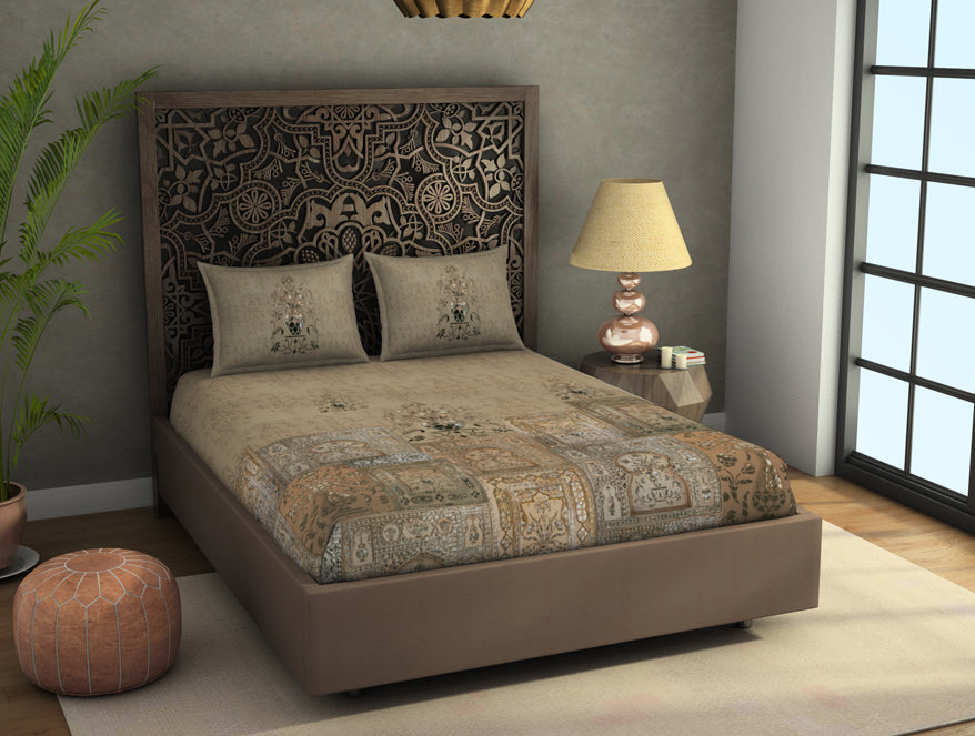 Floral Moonlight - Light Brown 100% Cotton King Size Bedsheet - Marble Inlay - Rangana By Spaces