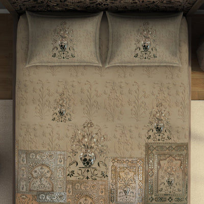 Floral Moonlight - Light Brown 100% Cotton King Size Bedsheet - Marble Inlay - Rangana By Spaces
