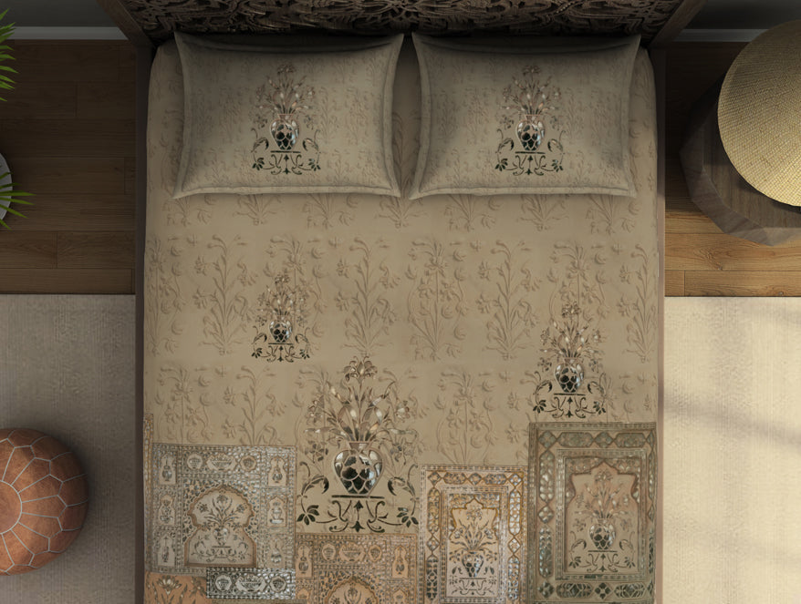 Floral Moonlight - Light Brown 100% Cotton King Size Bedsheet - Marble Inlay - Rangana By Spaces