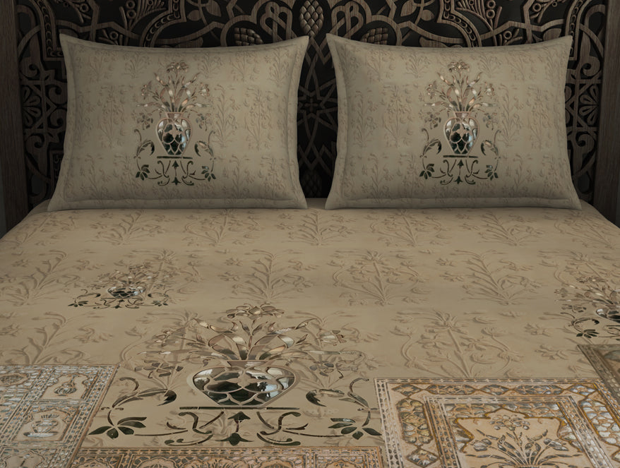 Floral Moonlight - Light Brown 100% Cotton King Size Bedsheet - Marble Inlay - Rangana By Spaces