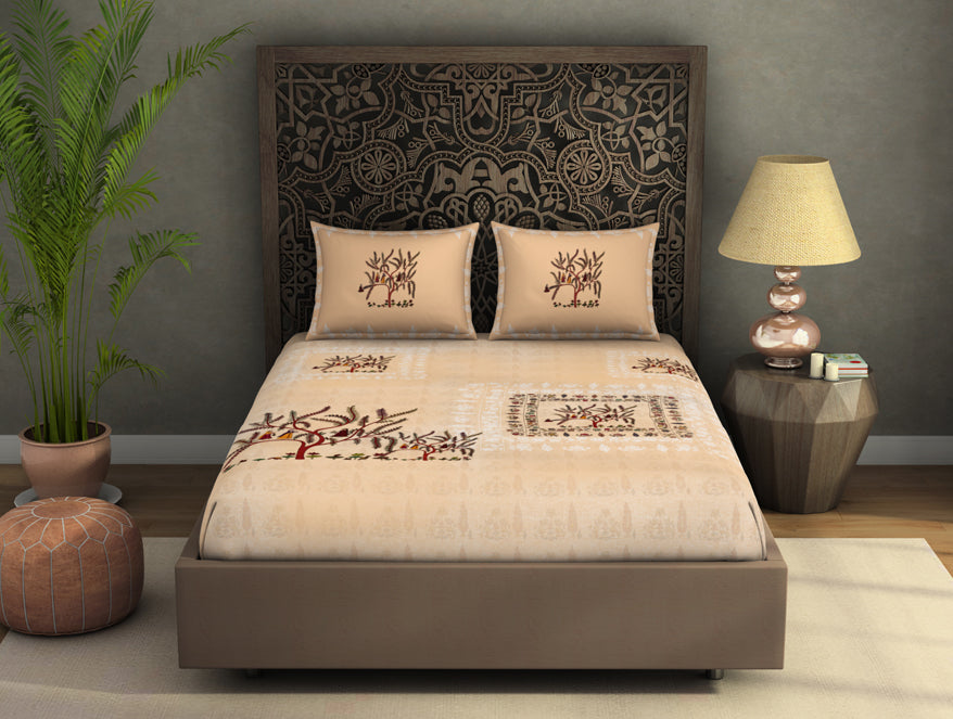 Floral Creme Brulee - Beige 100% Cotton King Size Bedsheet - Chamba Rumal - Rangana By Spaces