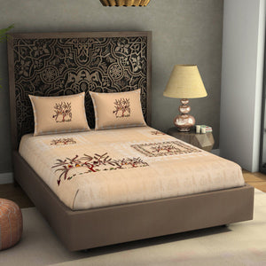 Floral Creme Brulee - Beige 100% Cotton King Size Bedsheet - Chamba Rumal - Rangana By Spaces