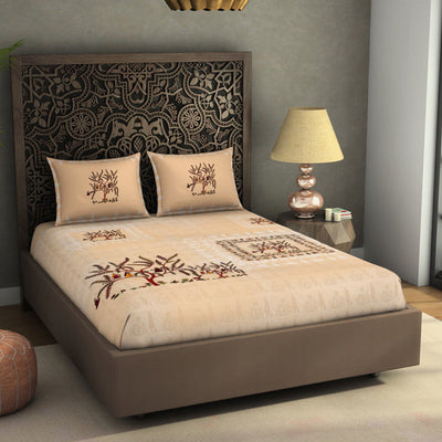Floral Creme Brulee - Beige 100% Cotton King Size Bedsheet - Chamba Rumal - Rangana By Spaces