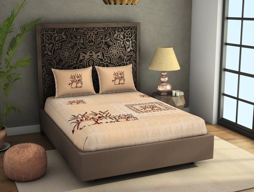 Floral Creme Brulee - Beige 100% Cotton King Size Bedsheet - Chamba Rumal - Rangana By Spaces