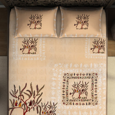 Floral Creme Brulee - Beige 100% Cotton King Size Bedsheet - Chamba Rumal - Rangana By Spaces