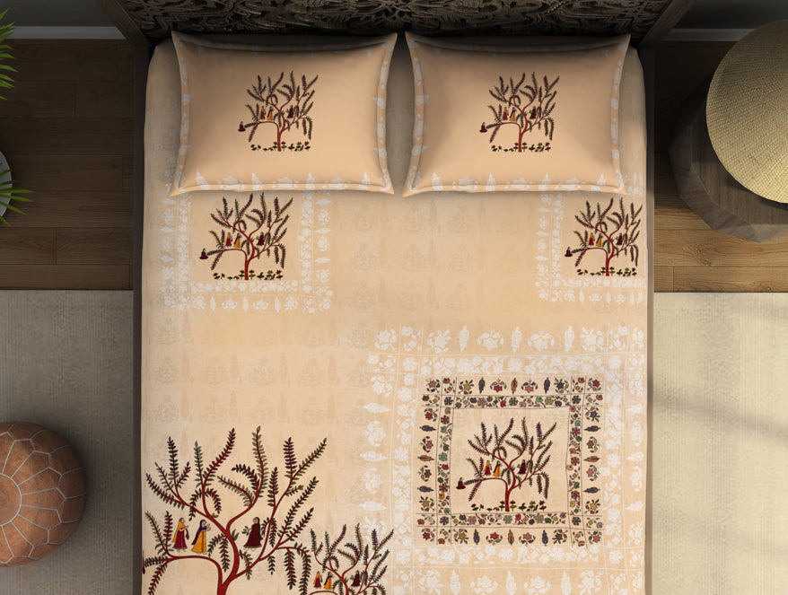 Floral Creme Brulee - Beige 100% Cotton King Size Bedsheet - Chamba Rumal - Rangana By Spaces
