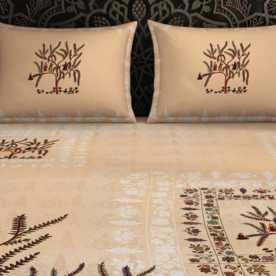 Floral Creme Brulee - Beige 100% Cotton King Size Bedsheet - Chamba Rumal - Rangana By Spaces