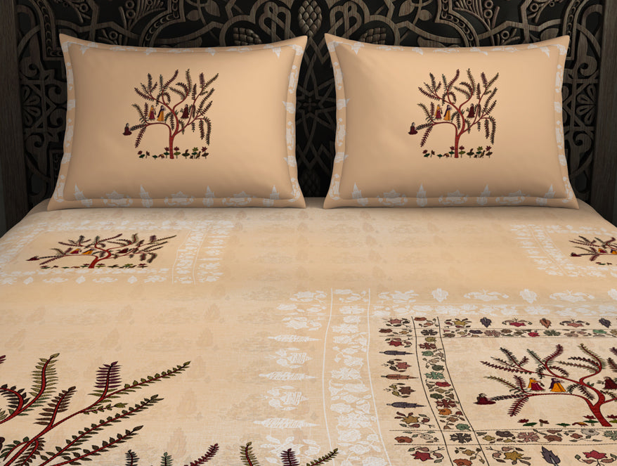 Floral Creme Brulee - Beige 100% Cotton King Size Bedsheet - Chamba Rumal - Rangana By Spaces