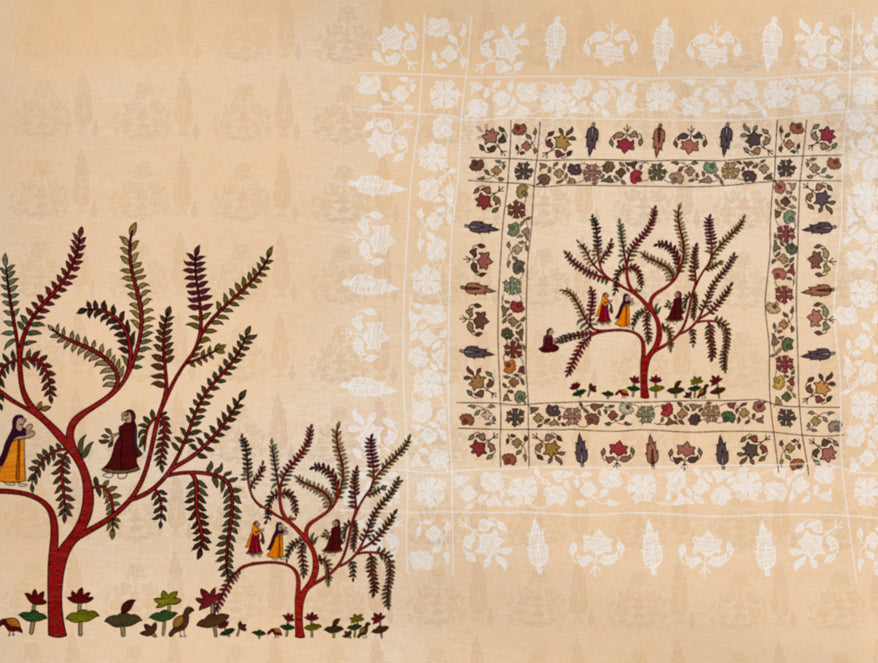 Floral Creme Brulee - Beige 100% Cotton King Size Bedsheet - Chamba Rumal - Rangana By Spaces