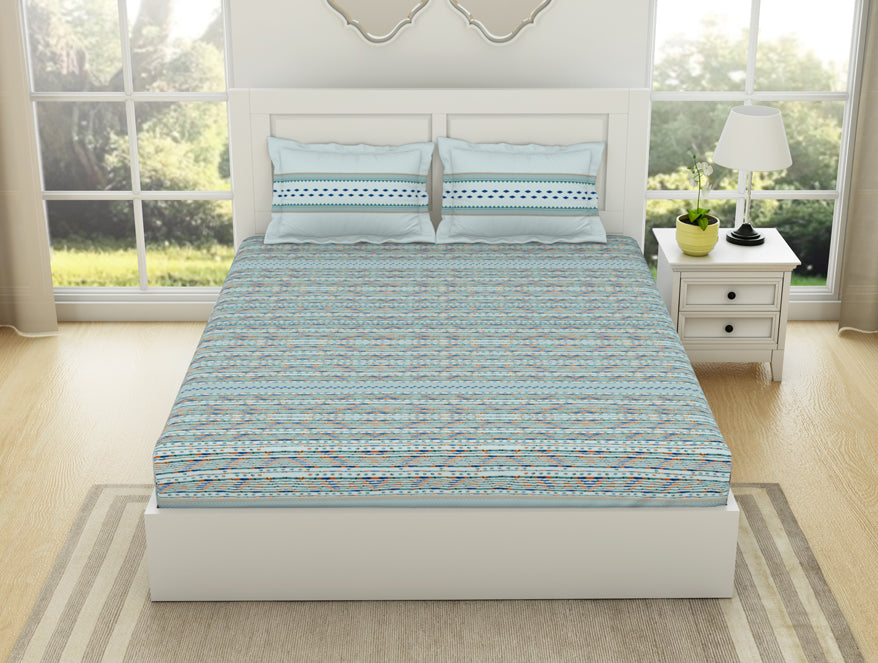 Geometric Iced Aqua - Light Blue 100% Cotton King Fitted Sheet - Gypsy By Spaces