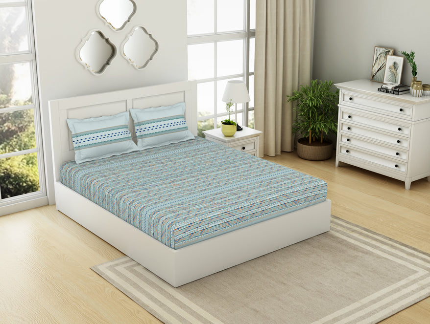 Geometric Iced Aqua - Light Blue 100% Cotton King Fitted Sheet - Gypsy By Spaces