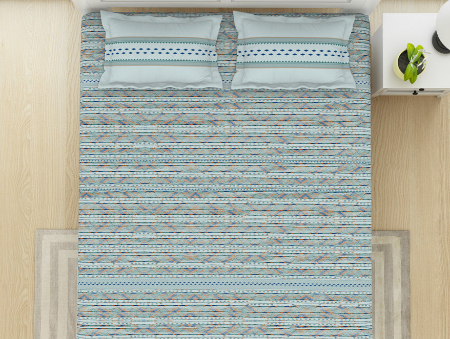 Geometric Iced Aqua - Light Blue 100% Cotton King Fitted Sheet - Gypsy By Spaces