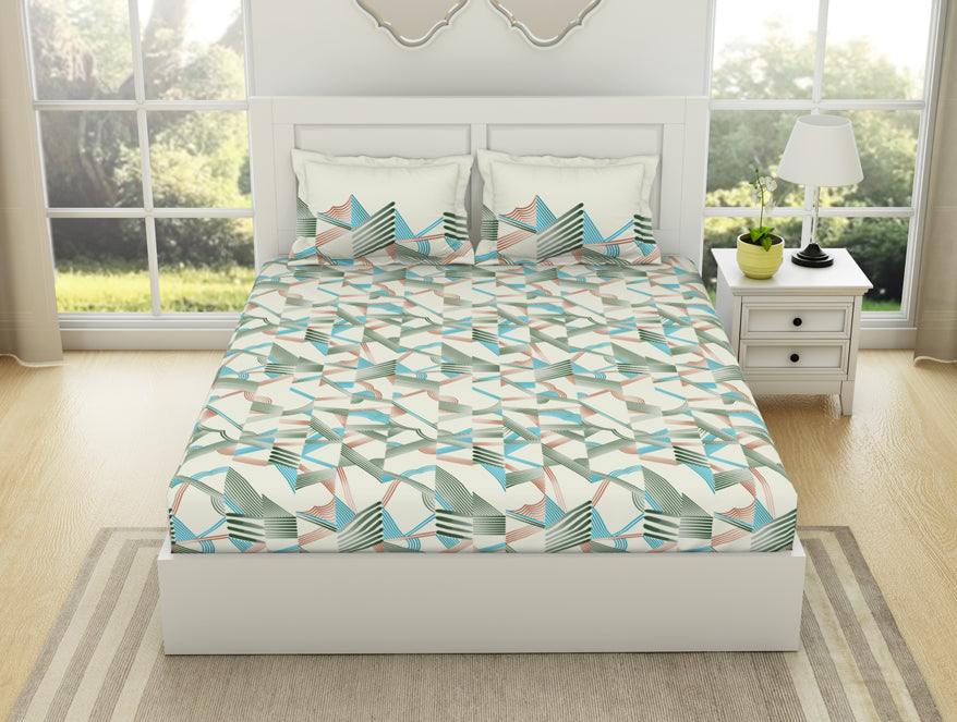 Geometric Whisper Green - White 100% Cotton King Fitted Sheet - Geospace By Spaces