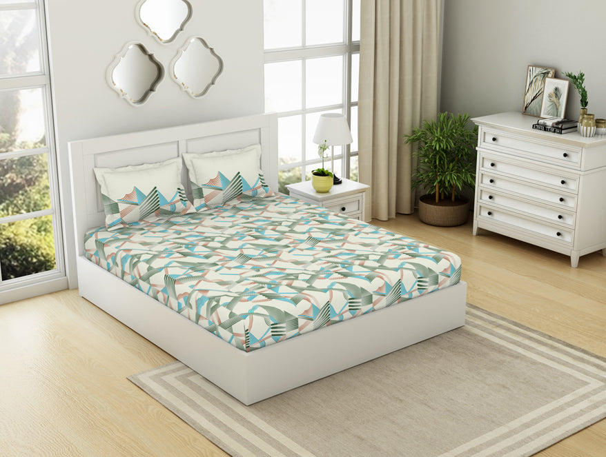Geometric Whisper Green - White 100% Cotton King Fitted Sheet - Geospace By Spaces