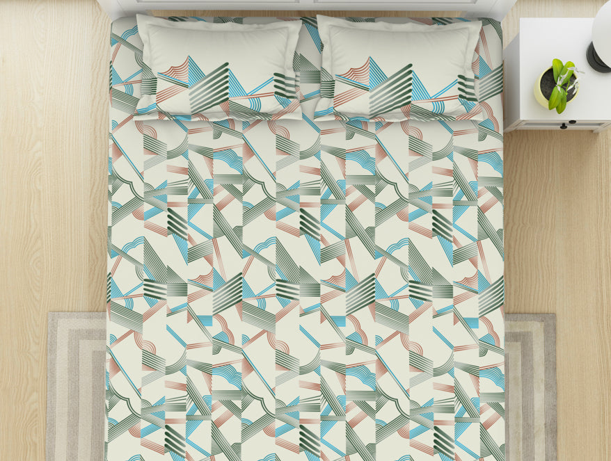 Geometric Whisper Green - White 100% Cotton King Fitted Sheet - Geospace By Spaces