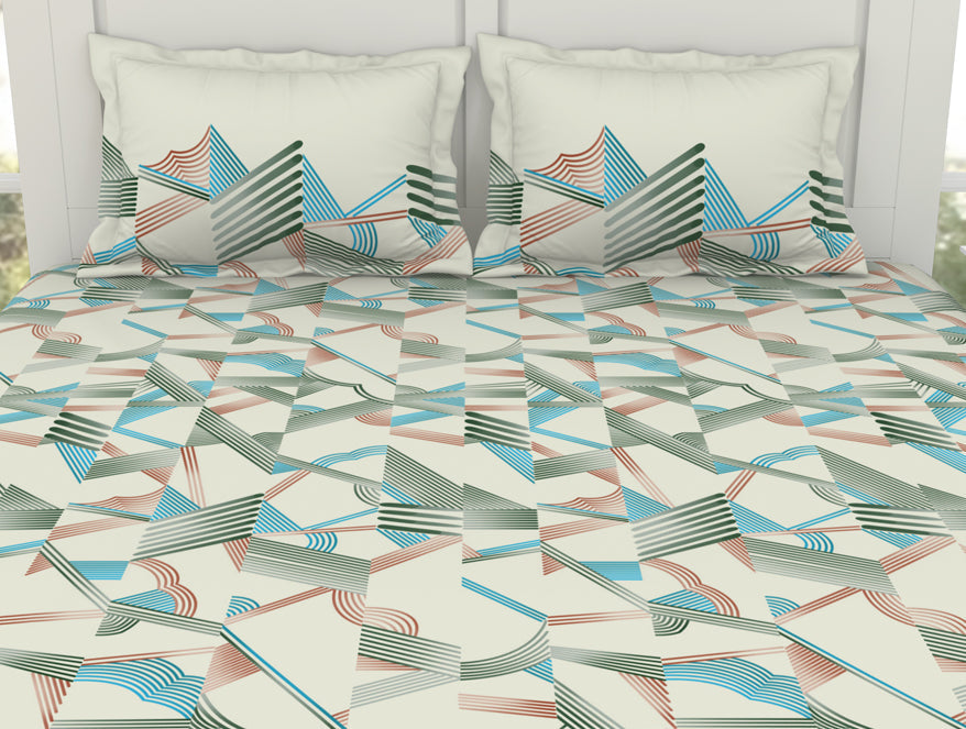 Geometric Whisper Green - White 100% Cotton King Fitted Sheet - Geospace By Spaces