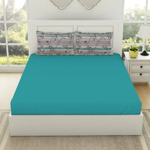Solid Teal/Brintwhte - Teal 100% Cotton King Size Bedsheet - Gypsy By Spaces