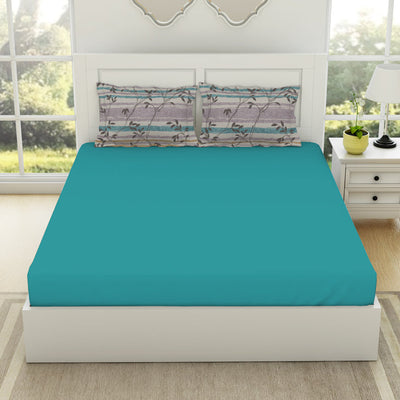 Solid Teal/Brintwhte - Teal 100% Cotton King Size Bedsheet - Gypsy By Spaces