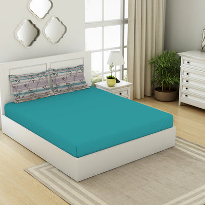 Solid Teal/Brintwhte - Teal 100% Cotton King Size Bedsheet - Gypsy By Spaces
