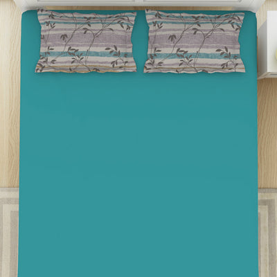 Solid Teal/Brintwhte - Teal 100% Cotton King Size Bedsheet - Gypsy By Spaces