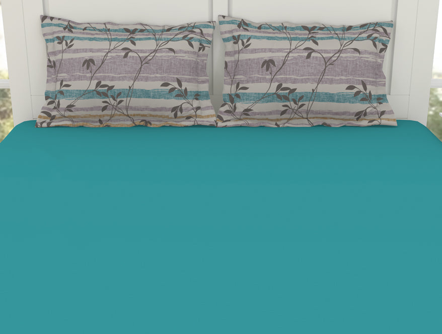 Solid Teal/Brintwhte - Teal 100% Cotton King Size Bedsheet - Gypsy By Spaces