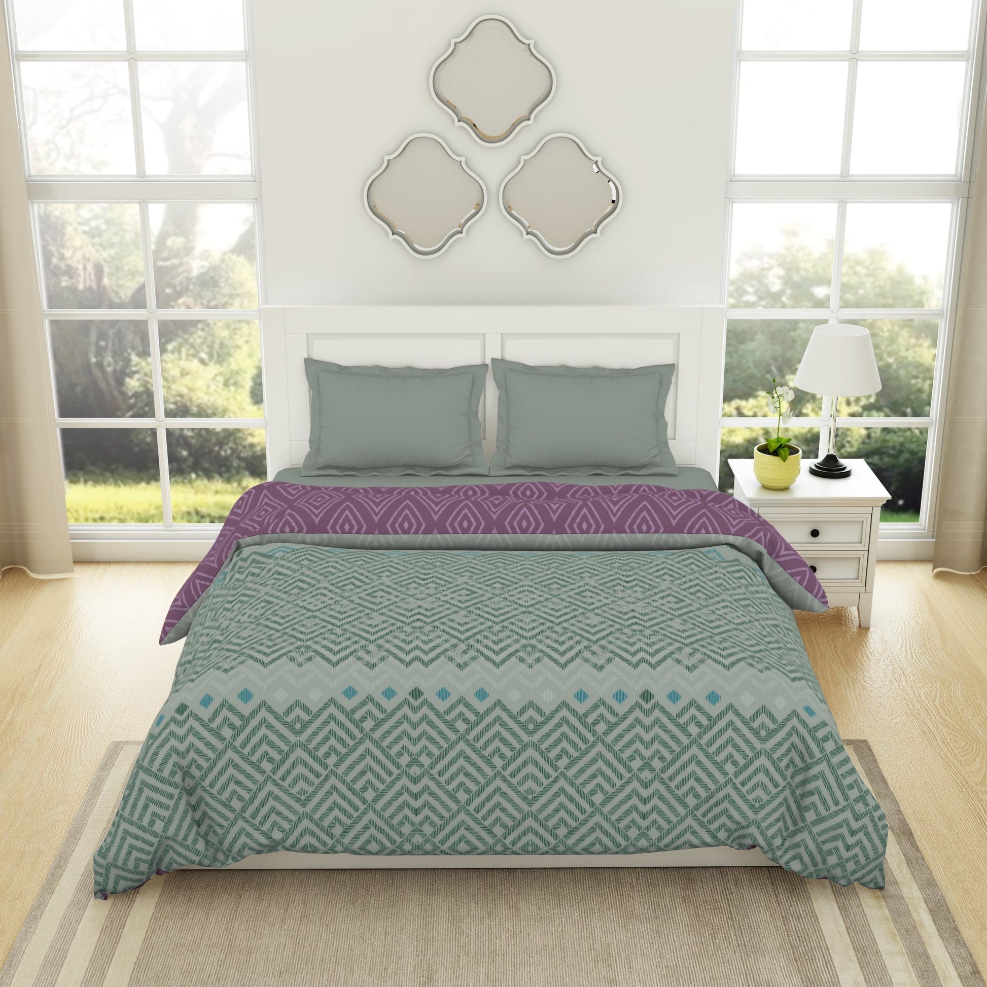 Geometric Harbour Grey - Light Teal 100% Cotton Shell Double Quilt / AC Comforter - Geospace By Spaces