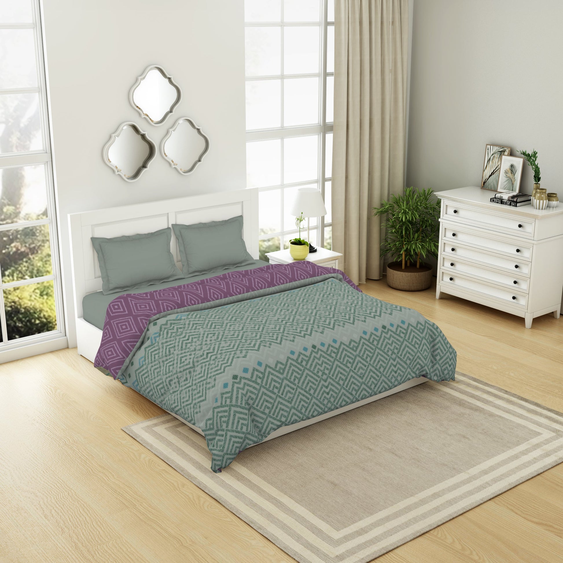 Geometric Harbour Grey - Light Teal 100% Cotton Shell Double Quilt / AC Comforter - Geospace By Spaces
