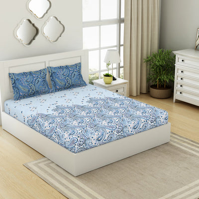 Ornate Cerulean - Blue 100% Cotton Double Bedsheet - Bohemia By Spaces