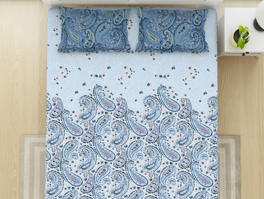 Ornate Cerulean - Blue 100% Cotton Double Bedsheet - Bohemia By Spaces