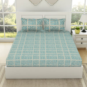 Geometric Aruba Blue - Aqua 100% Cotton Double Bedsheet - Geospace By Spaces