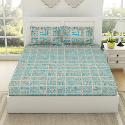 Geometric Aruba Blue - Aqua 100% Cotton Double Bedsheet - Geospace By Spaces
