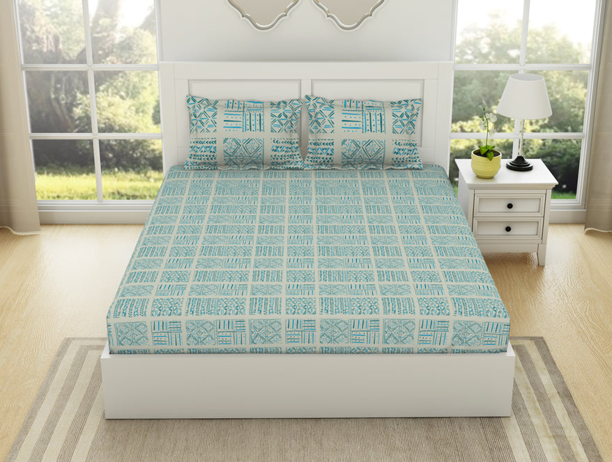 Geometric Aruba Blue - Aqua 100% Cotton Double Bedsheet - Geospace By Spaces