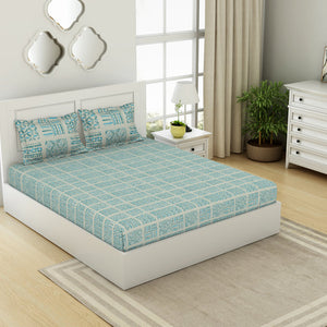 Geometric Aruba Blue - Aqua 100% Cotton Double Bedsheet - Geospace By Spaces