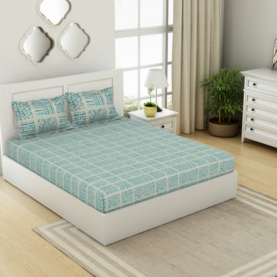 Geometric Aruba Blue - Aqua 100% Cotton Double Bedsheet - Geospace By Spaces