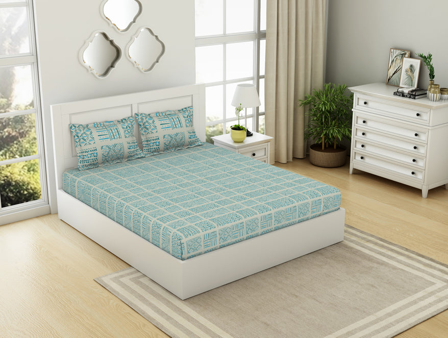 Geometric Aruba Blue - Aqua 100% Cotton Double Bedsheet - Geospace By Spaces