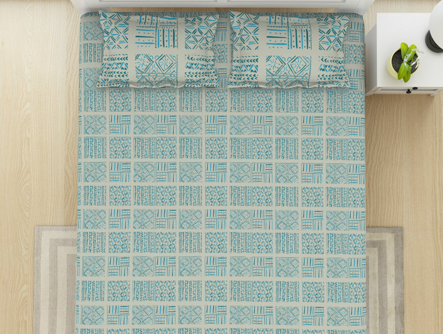 Geometric Aruba Blue - Aqua 100% Cotton Double Bedsheet - Geospace By Spaces