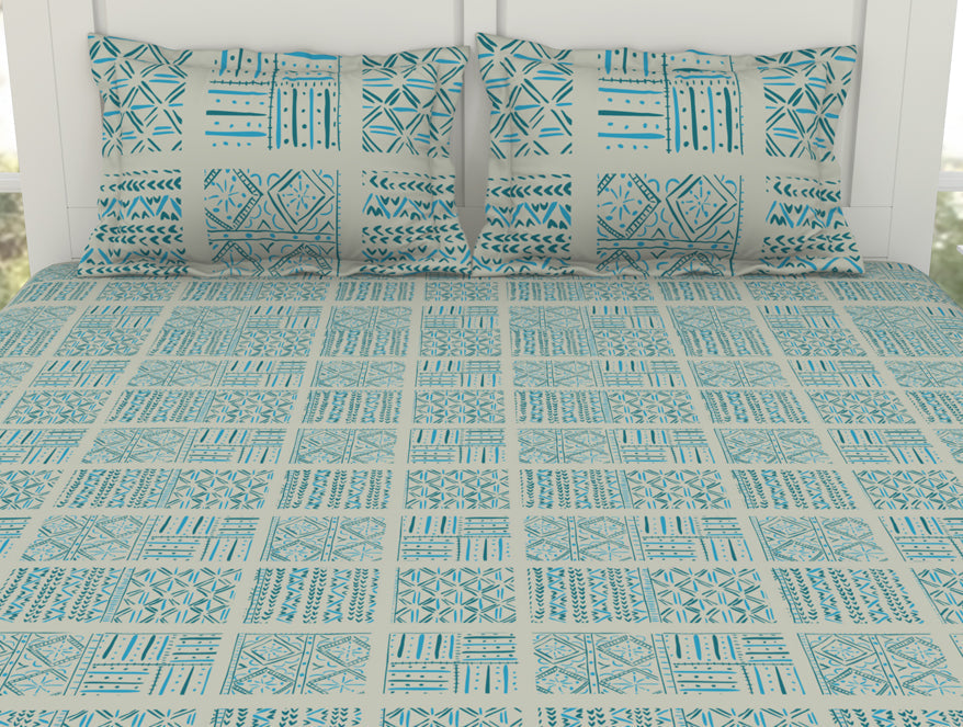 Geometric Aruba Blue - Aqua 100% Cotton Double Bedsheet - Geospace By Spaces