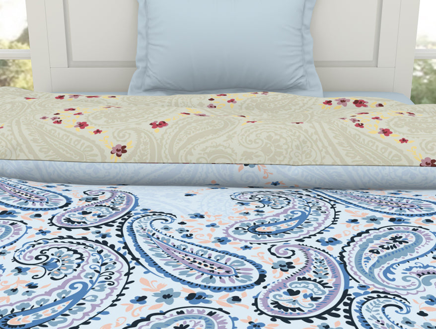 Floral Cerulean - Blue 100% Cotton Shell Single Quilt / AC Comforter - Bohemia By Spaces