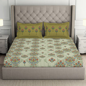 Floral Pear Sorbet - Light Yellow 100% Cotton Double Bedsheet - Queens Garden By Spaces
