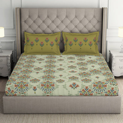 Floral Pear Sorbet - Light Yellow 100% Cotton Double Bedsheet - Queens Garden By Spaces