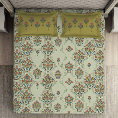 Floral Pear Sorbet - Light Yellow 100% Cotton Double Bedsheet - Queens Garden By Spaces