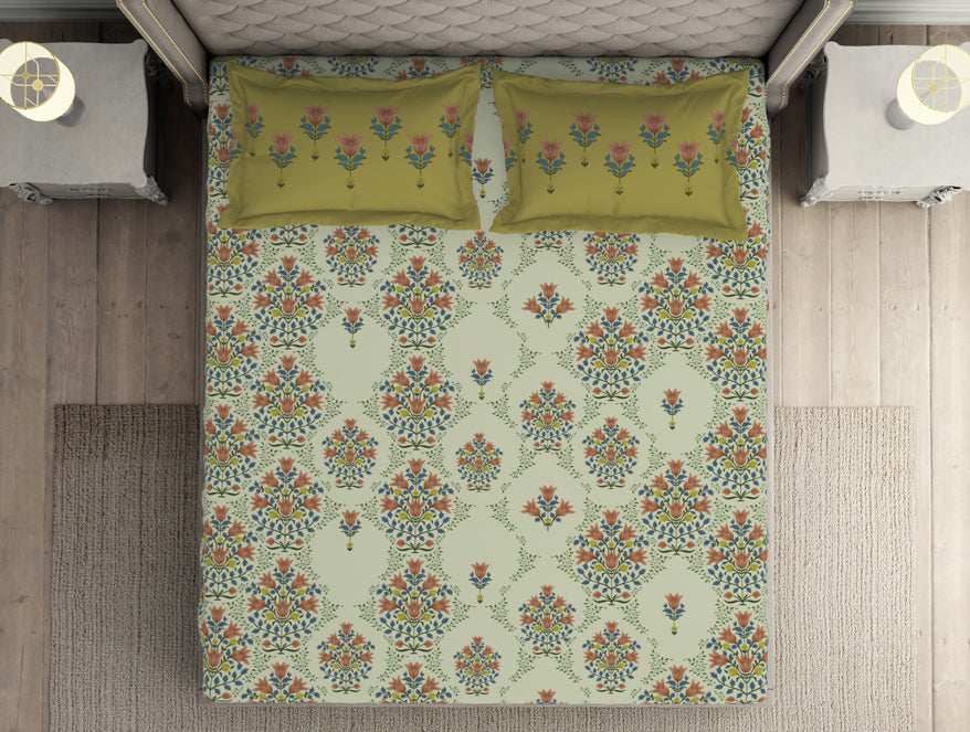 Floral Pear Sorbet - Light Yellow 100% Cotton Double Bedsheet - Queens Garden By Spaces