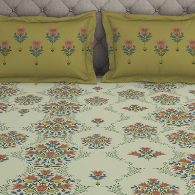Floral Pear Sorbet - Light Yellow 100% Cotton Double Bedsheet - Queens Garden By Spaces