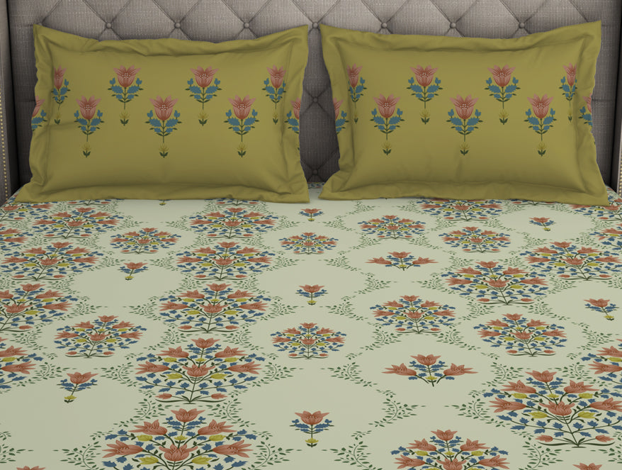Floral Pear Sorbet - Light Yellow 100% Cotton Double Bedsheet - Queens Garden By Spaces