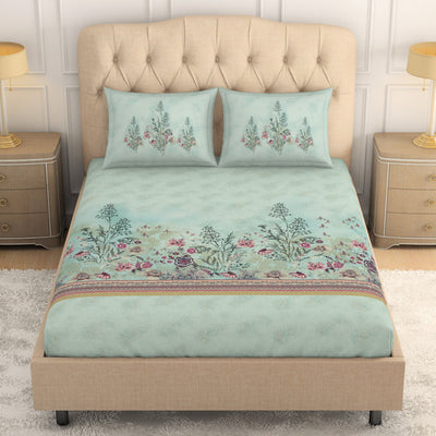 Floral Clearly Aqua - Light Aqua 100% Cotton King Size Bedsheet - Romantica By Spaces