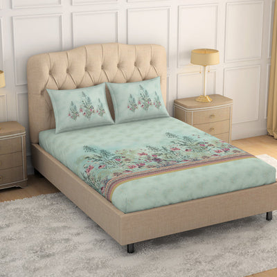 Floral Clearly Aqua - Light Aqua 100% Cotton King Size Bedsheet - Romantica By Spaces
