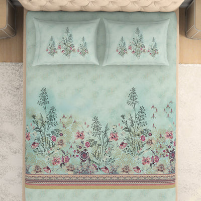 Floral Clearly Aqua - Light Aqua 100% Cotton King Size Bedsheet - Romantica By Spaces